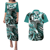 Aloha Turquoise Tribal Honu Tattoo Couples Matching Puletasi and Hawaiian Shirt