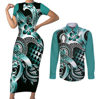 Aloha Turquoise Tribal Honu Tattoo Couples Matching Short Sleeve Bodycon Dress and Long Sleeve Button Shirt