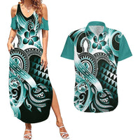 Aloha Turquoise Tribal Honu Tattoo Couples Matching Summer Maxi Dress and Hawaiian Shirt