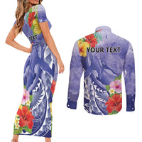 Personalised Chuuk States Humpback Whale Couples Matching Short Sleeve Bodycon Dress and Long Sleeve Button Shirt Polynesian Tropical Flowers