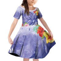 Personalised Chuuk States Humpback Whale Family Matching Off Shoulder Short Dress and Hawaiian Shirt Polynesian Tropical Flowers