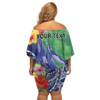 Personalised Pohnpei States Humpback Whale Family Matching Off Shoulder Short Dress and Hawaiian Shirt Polynesian Tropical Flowers