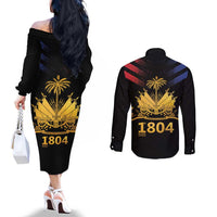 Haiti Independence Day Couples Matching Off The Shoulder Long Sleeve Dress and Long Sleeve Button Shirt The First Black Republic Since 1804