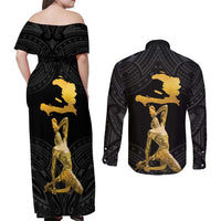 Haitian Negre Marron 1804 Couples Matching Off Shoulder Maxi Dress and Long Sleeve Button Shirt Black Polynesian Pattern