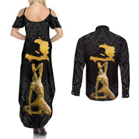 Haitian Negre Marron 1804 Couples Matching Summer Maxi Dress and Long Sleeve Button Shirt Black Polynesian Pattern