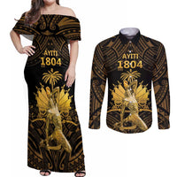 Haitian Negre Marron 1804 Couples Matching Off Shoulder Maxi Dress and Long Sleeve Button Shirt Gold Polynesian Pattern