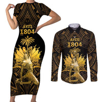 Haitian Negre Marron 1804 Couples Matching Short Sleeve Bodycon Dress and Long Sleeve Button Shirt Gold Polynesian Pattern