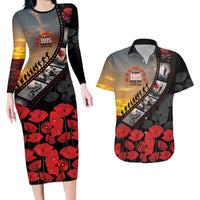 Personalised Remembering ANZAC Lest We Forget Couples Matching Long Sleeve Bodycon Dress and Hawaiian Shirt Vintage Film Frame Memorial Red Poppy LT9 Red - Polynesian Pride