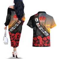 Personalised Remembering ANZAC Lest We Forget Couples Matching Off The Shoulder Long Sleeve Dress and Hawaiian Shirt Vintage Film Frame Memorial Red Poppy LT9 - Polynesian Pride