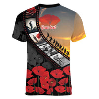 Personalised Remembering ANZAC Lest We Forget Women V-Neck T-Shirt Vintage Film Frame Memorial Red Poppy