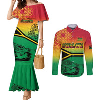 Hapi 44th Indipendens Dei Vanuatu Couples Matching Mermaid Dress and Long Sleeve Button Shirt Yumi 1980 with Vanuatuan Beach Landscape LT9 Reggae - Polynesian Pride