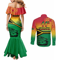 Hapi 44th Indipendens Dei Vanuatu Couples Matching Mermaid Dress and Long Sleeve Button Shirt Yumi 1980 with Vanuatuan Beach Landscape LT9 - Polynesian Pride