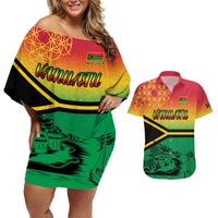 Hapi 44th Indipendens Dei Vanuatu Couples Matching Off Shoulder Short Dress and Hawaiian Shirt Yumi 1980 with Vanuatuan Beach Landscape LT9 Reggae - Polynesian Pride
