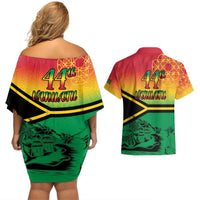 Hapi 44th Indipendens Dei Vanuatu Couples Matching Off Shoulder Short Dress and Hawaiian Shirt Yumi 1980 with Vanuatuan Beach Landscape LT9 - Polynesian Pride