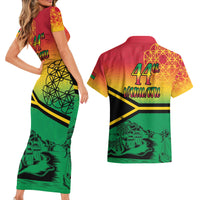 Hapi 44th Indipendens Dei Vanuatu Couples Matching Short Sleeve Bodycon Dress and Hawaiian Shirt Yumi 1980 with Vanuatuan Beach Landscape LT9 - Polynesian Pride