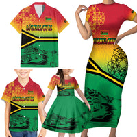 Hapi 44th Indipendens Dei Vanuatu Family Matching Short Sleeve Bodycon Dress and Hawaiian Shirt Yumi 1980 with Vanuatuan Beach Landscape LT9 - Polynesian Pride