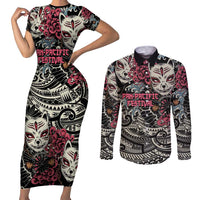 Personalized Japanese Kitsune Mask Couples Matching Short Sleeve Bodycon Dress and Long Sleeve Button Shirt With Polynesian Arty Style LT9