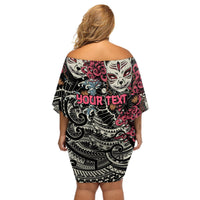 Personalized Japanese Kitsune Mask Off Shoulder Short Dress With Polynesian Arty Style