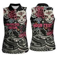 Personalized Japanese Kitsune Mask Women Sleeveless Polo Shirt With Polynesian Arty Style