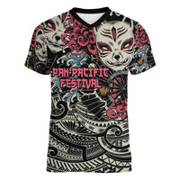 Personalized Japanese Kitsune Mask Women V-Neck T-Shirt With Polynesian Arty Style