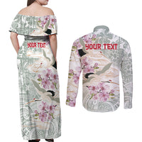 Personalized Japanese Shirasagi Bird Couples Matching Off Shoulder Maxi Dress and Long Sleeve Button Shirt Sakura and Hibiscus Polynesian Pattern