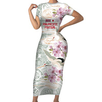 Personalized Japanese Shirasagi Bird Family Matching Short Sleeve Bodycon Dress and Hawaiian Shirt Sakura and Hibiscus Polynesian Pattern LT9 Mom's Dress White - Polynesian Pride