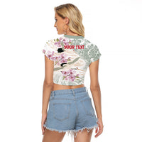 Personalized Japanese Shirasagi Bird Raglan Cropped T Shirt Sakura and Hibiscus Polynesian Pattern