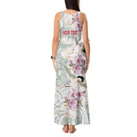Personalized Japanese Shirasagi Bird Tank Maxi Dress Sakura and Hibiscus Polynesian Pattern