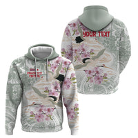 Personalized Japanese Shirasagi Bird Zip Hoodie Sakura and Hibiscus Polynesian Pattern