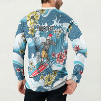 Hawaii Santa Skeleton Surfing Personalized Button Sweatshirt Mele Kalikimaka i Iulai!