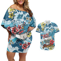 Hawaii Santa Skeleton Surfing Personalized Couples Matching Off Shoulder Short Dress and Hawaiian Shirt Mele Kalikimaka i Iulai! LT9 Blue - Polynesian Pride