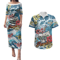 Hawaii Santa Skeleton Surfing Personalized Couples Matching Puletasi and Hawaiian Shirt Mele Kalikimaka i Iulai! LT9 Blue - Polynesian Pride