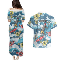 Hawaii Santa Skeleton Surfing Personalized Couples Matching Puletasi and Hawaiian Shirt Mele Kalikimaka i Iulai!