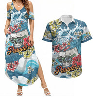 Hawaii Santa Skeleton Surfing Personalized Couples Matching Summer Maxi Dress and Hawaiian Shirt Mele Kalikimaka i Iulai! LT9 Blue - Polynesian Pride