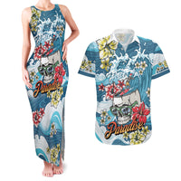 Hawaii Santa Skeleton Surfing Personalized Couples Matching Tank Maxi Dress and Hawaiian Shirt Mele Kalikimaka i Iulai! LT9 Blue - Polynesian Pride