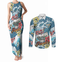 Hawaii Santa Skeleton Surfing Personalized Couples Matching Tank Maxi Dress and Long Sleeve Button Shirt Mele Kalikimaka i Iulai! LT9 Blue - Polynesian Pride
