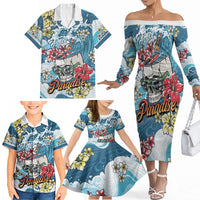 Hawaii Santa Skeleton Surfing Personalized Family Matching Off The Shoulder Long Sleeve Dress and Hawaiian Shirt Mele Kalikimaka i Iulai! LT9 - Polynesian Pride