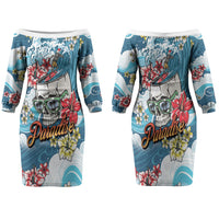 Hawaii Santa Skeleton Surfing Personalized Family Matching Off The Shoulder Long Sleeve Dress and Hawaiian Shirt Mele Kalikimaka i Iulai! LT9 Mom's Dress Blue - Polynesian Pride