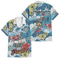 Hawaii Santa Skeleton Surfing Personalized Family Matching Off The Shoulder Long Sleeve Dress and Hawaiian Shirt Mele Kalikimaka i Iulai! LT9 Dad's Shirt - Short Sleeve Blue - Polynesian Pride