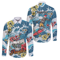 Hawaii Santa Skeleton Surfing Personalized Family Matching Off The Shoulder Long Sleeve Dress and Hawaiian Shirt Mele Kalikimaka i Iulai! LT9 Dad's Shirt - Long Sleeve Blue - Polynesian Pride