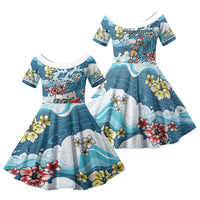 Hawaii Santa Skeleton Surfing Personalized Family Matching Off The Shoulder Long Sleeve Dress and Hawaiian Shirt Mele Kalikimaka i Iulai! LT9 Daughter's Dress Blue - Polynesian Pride