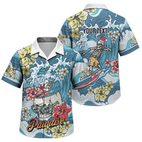 Hawaii Santa Skeleton Surfing Personalized Family Matching Off The Shoulder Long Sleeve Dress and Hawaiian Shirt Mele Kalikimaka i Iulai! LT9 Son's Shirt Blue - Polynesian Pride