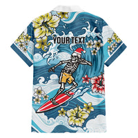 Hawaii Santa Skeleton Surfing Personalized Family Matching Off Shoulder Short Dress and Hawaiian Shirt Mele Kalikimaka i Iulai! LT9 Dad's Shirt - Long Sleeve Blue - Polynesian Pride
