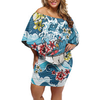 Hawaii Santa Skeleton Surfing Personalized Family Matching Off Shoulder Short Dress and Hawaiian Shirt Mele Kalikimaka i Iulai! LT9 Mom's Dress Blue - Polynesian Pride