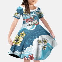 Hawaii Santa Skeleton Surfing Personalized Family Matching Summer Maxi Dress and Hawaiian Shirt Mele Kalikimaka i Iulai! LT9 Daughter's Dress Blue - Polynesian Pride