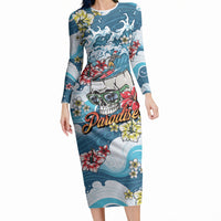 Hawaii Santa Skeleton Surfing Personalized Long Sleeve Bodycon Dress Mele Kalikimaka i Iulai! LT9 Long Dress Blue - Polynesian Pride