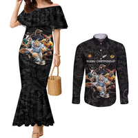 Custom Rugby Southern Hemisphere Couples Matching Mermaid Dress and Long Sleeve Button Shirt Argentina AUNZ South Africa Mascot Black LT9 Black - Polynesian Pride