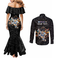Custom Rugby Southern Hemisphere Couples Matching Mermaid Dress and Long Sleeve Button Shirt Argentina AUNZ South Africa Mascot Black LT9 - Polynesian Pride