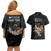 Custom Rugby Southern Hemisphere Couples Matching Off Shoulder Short Dress and Hawaiian Shirt Argentina AUNZ South Africa Mascot Black - Polynesian Pride