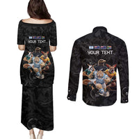 Custom Rugby Southern Hemisphere Couples Matching Puletasi and Long Sleeve Button Shirt Argentina AUNZ South Africa Mascot Black LT9 - Polynesian Pride